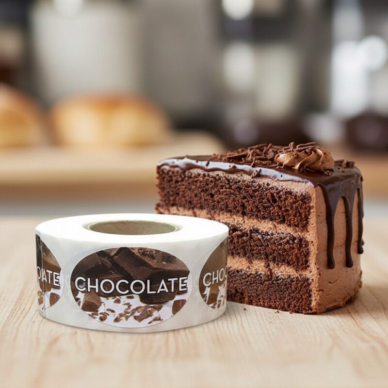 560061-Chocolate-Label-Bakery-Flavor-Stickers-with-Chocolate-Image chocolate sticker on roll of labels showing chocolate on the sticker