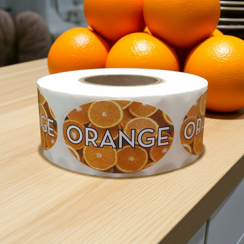 orange flavor sticker with oranges pictured on label