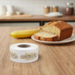 banana label showing slices of bananas in the background on a roll of stickers next to banana bread
