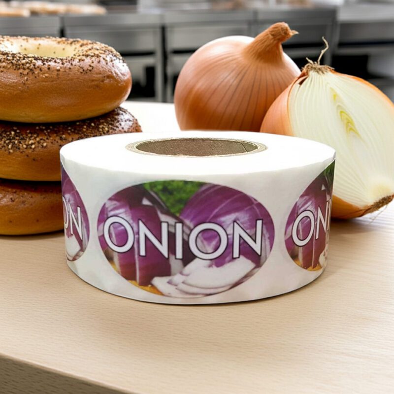 560093-Onion-Label-Stickers-with-Onion-Background Onion label on a roll of stickers with onions pictured