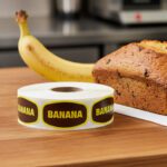 banana label on a rectangle label with brown background and yellow banana text next to banana bread