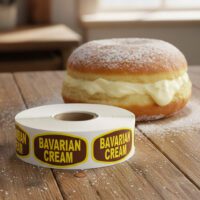 bavarian cream label on a rectangle label with brown background and yellow bavarian cream text next to a donut