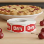 cherry sticker with read background and white text show with cherries