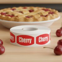 cherry sticker with read background and white text show with cherries