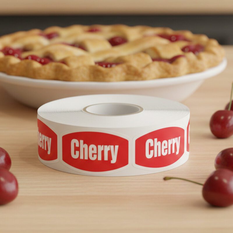 568019-Cherry-Label-Bakery-Flavor-Stickers_4 cherry sticker with read background and white text show with cherries