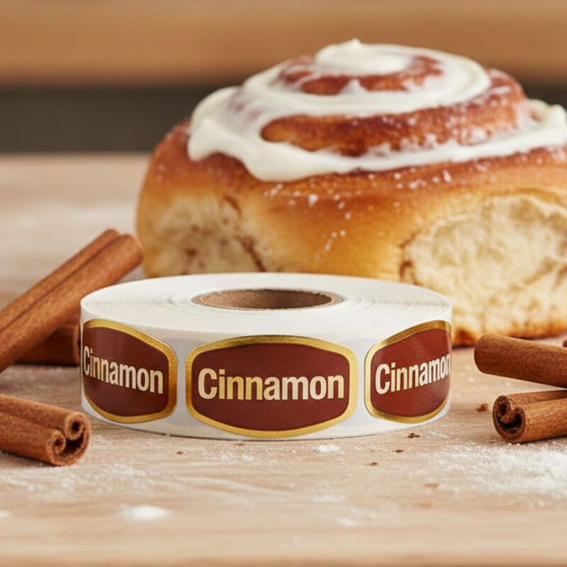 568022-Cinnamon-Label-Bakery-Flavor-Stickers a roll of cinnamon gold foil labels