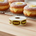 custard stickers on a roll of labels