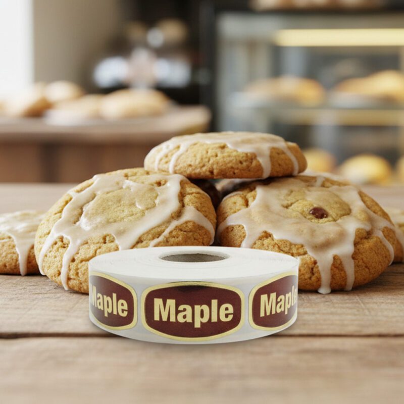 568051-Maple-Label-Bakery-Flavor-Stickers maple sticker on a gold foil label