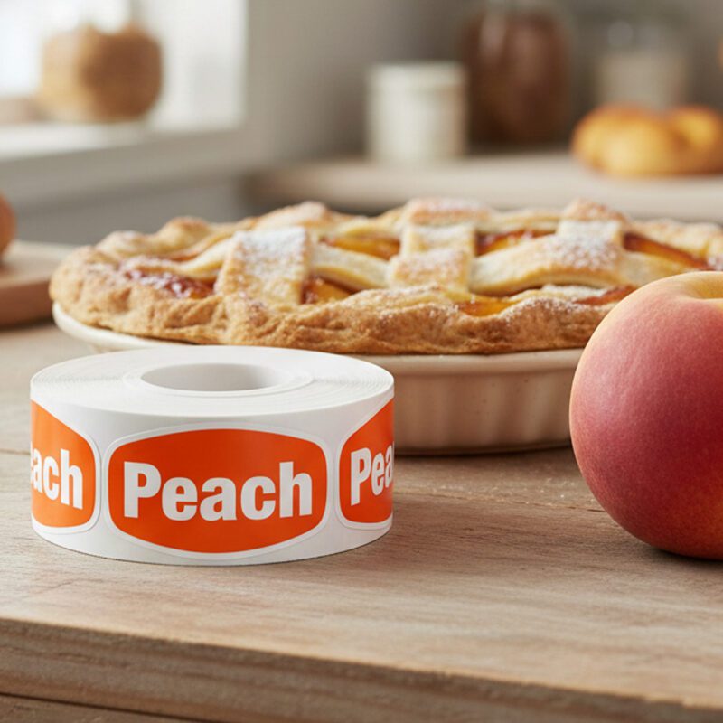 peach sticker on a orange label with white print