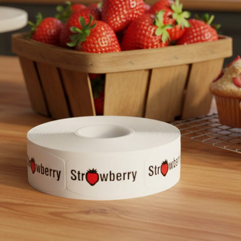 568078 Strawberry-Label-Bakery-Flavor-Stickers2 strawberry sticker with black text and a strawberry for the A