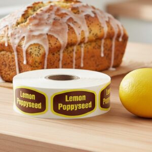lemon poppyseed label next to lemon poppyseed bread