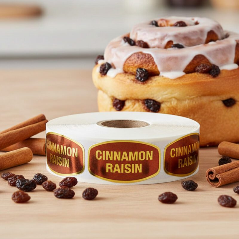 568105-Cinnamon-Raisin-Label-Gold-Foil-Bakery-Flavor-Sticker cinnamon raisin sticker on gold foil label