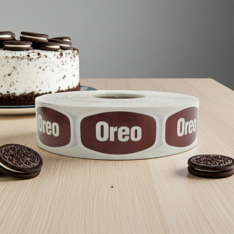 oreo sticker with a brown background and white text