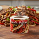 beef for fajitas rectangle label with a fajita in the background and the text beef for fajitas in white
