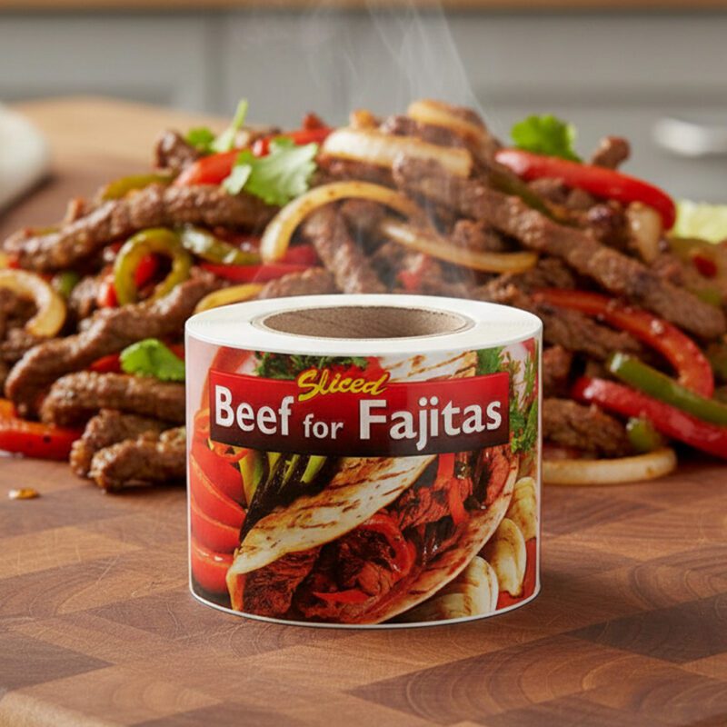 568119 Beef-For-Fajitas-Label-Stickers beef for fajitas rectangle label with a fajita in the background and the text beef for fajitas in white