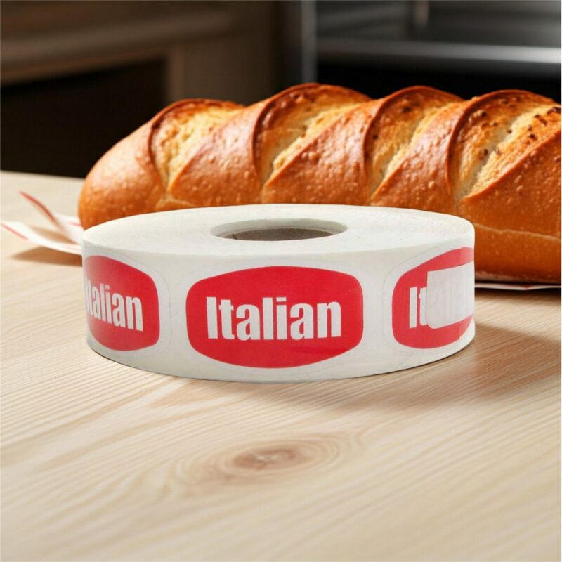 568189-Italian-Label-Stickers-Bakery-Bread-Sticker italian sticker with red background and white text next to italian bread