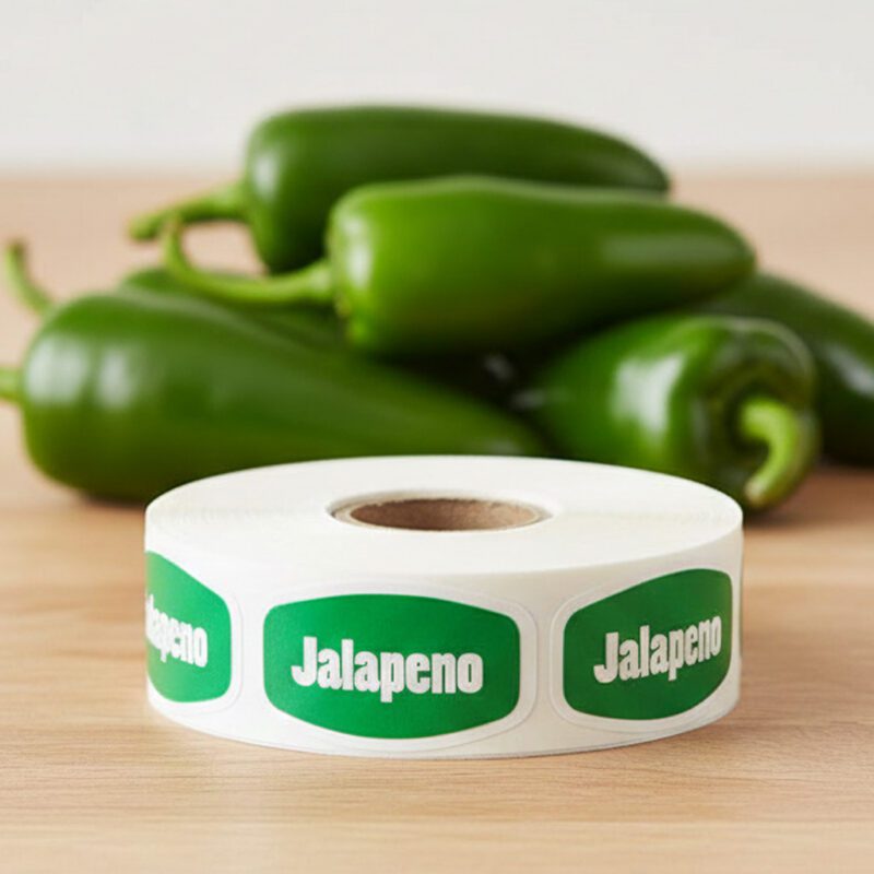 568190-Jalapeno-Label-Stickers-White-Sticker-with-Green-Print jalapeno sticker on a white label with green print