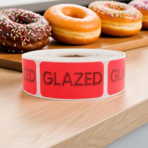 glazed label on a rectangle red label with black text