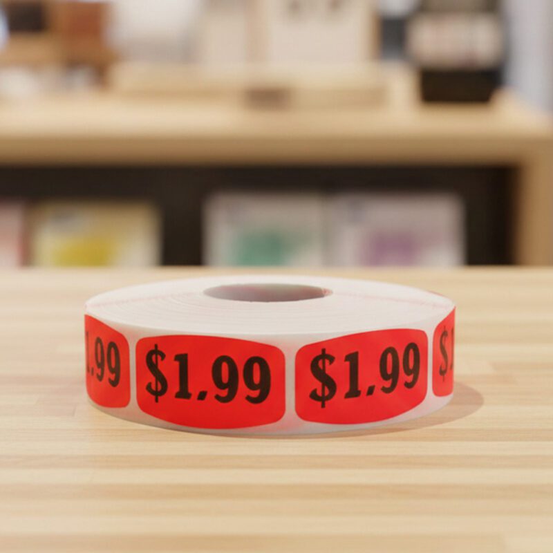 One dollar and 99 cents sticker on a red label with black print