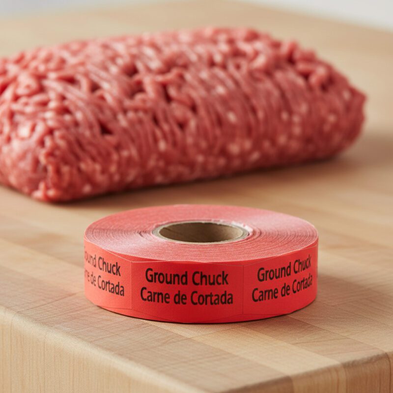 570030-Ground-Chuck-–-Carne-de-Cortada-Label ground chuck spanish and english sticker on a red label with black print
