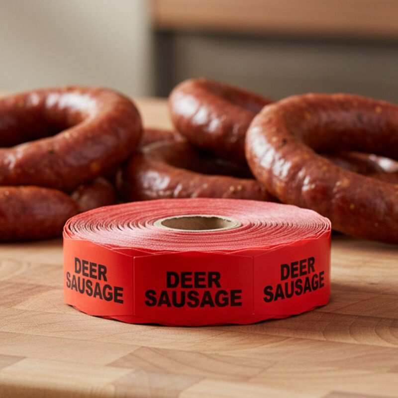 590913-Deer-Sausage-Label deer sausage sticker on a red label with black print