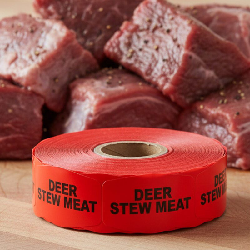 590914-Deer-Stew-Meat-Label deer stew meat sticker on a red label with black print
