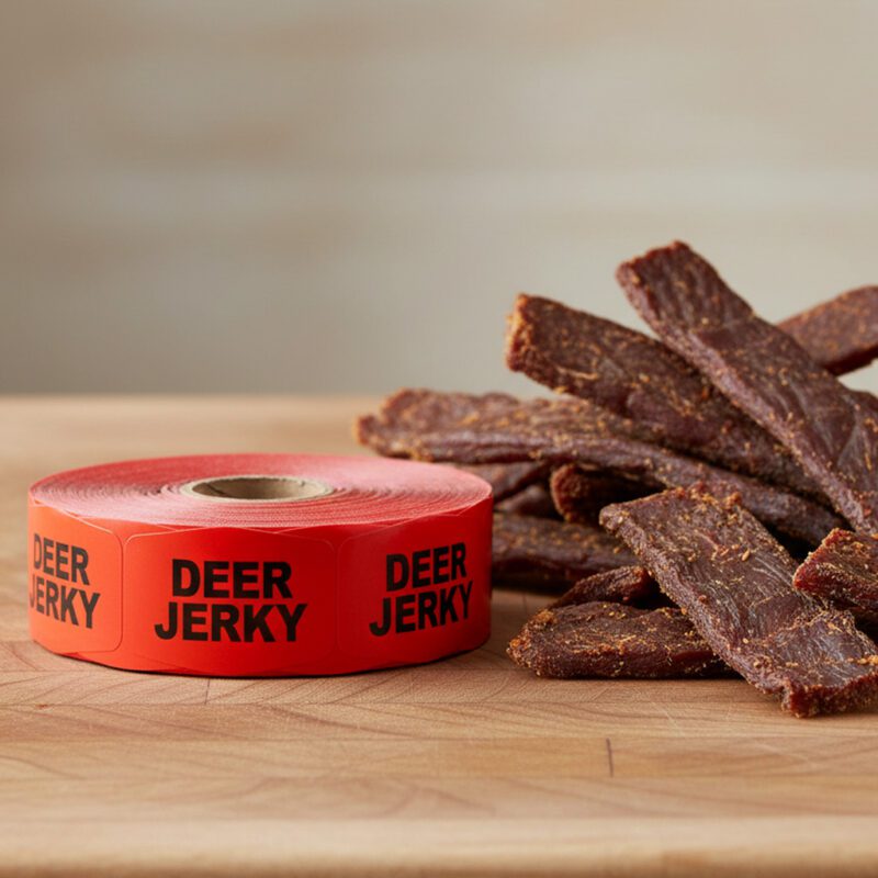 590917-Deer-Jerky-Label deer jerky sticker on a red label with black print