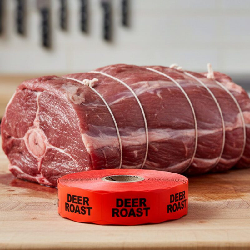 590918-Deer-Roast-Label deer roast sticker on a red label with black print