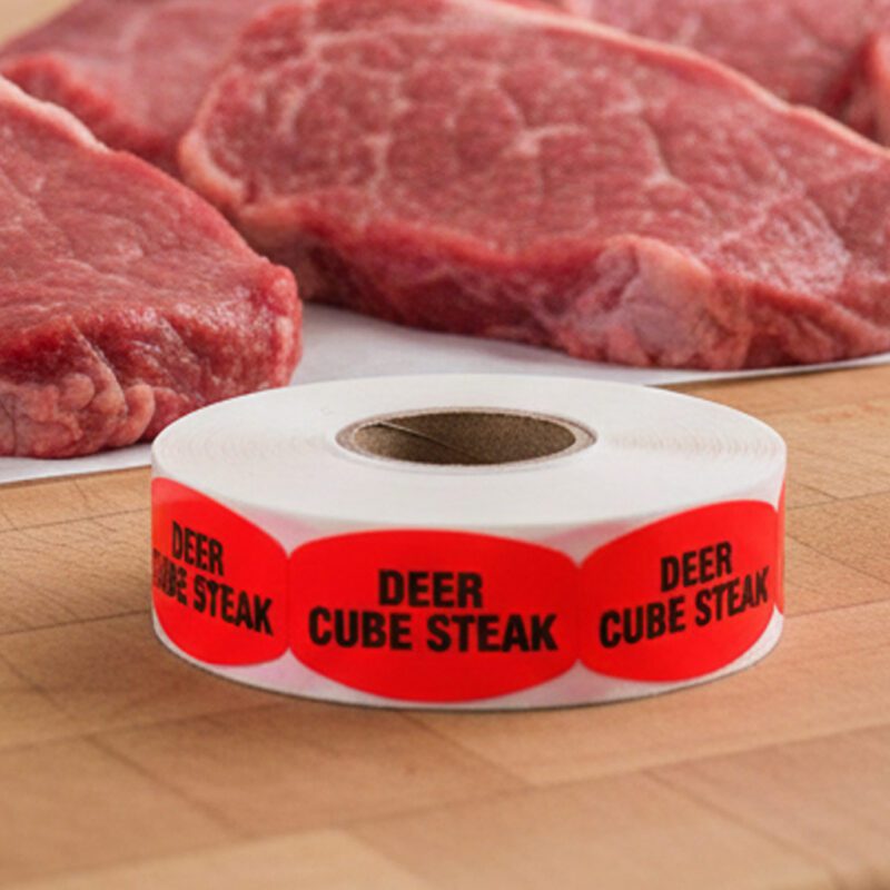 591037-Deer-Cube-Steak-Label deer cube steak sticker on a red label with black print