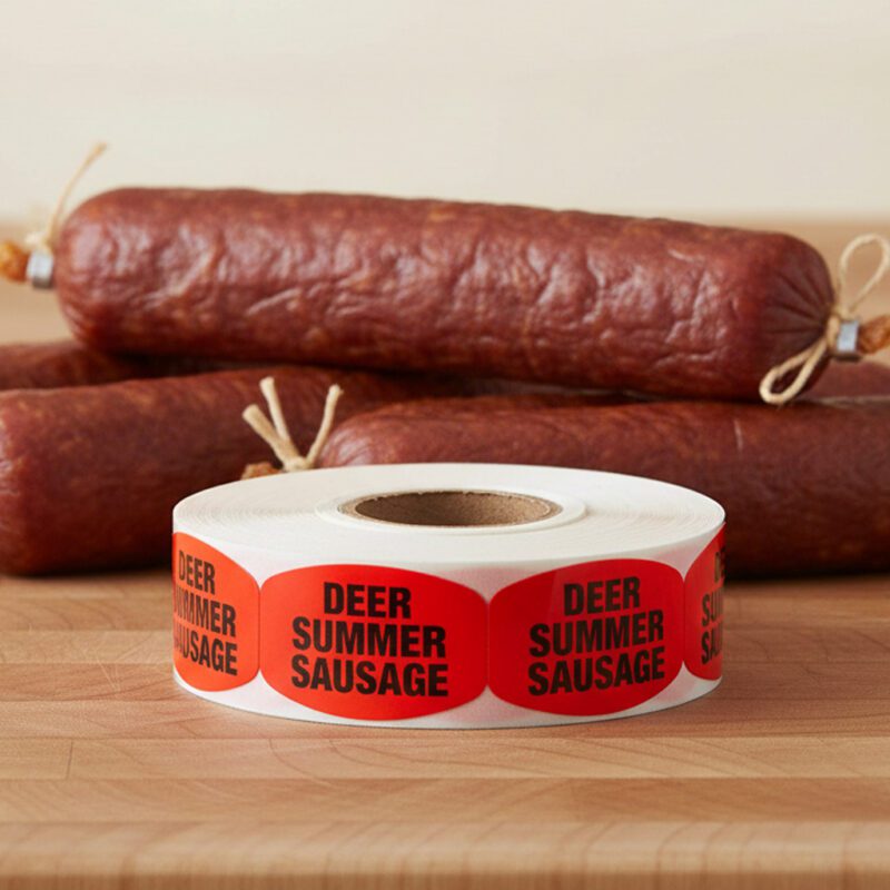 deer summer sausage sticker on a red label with black print